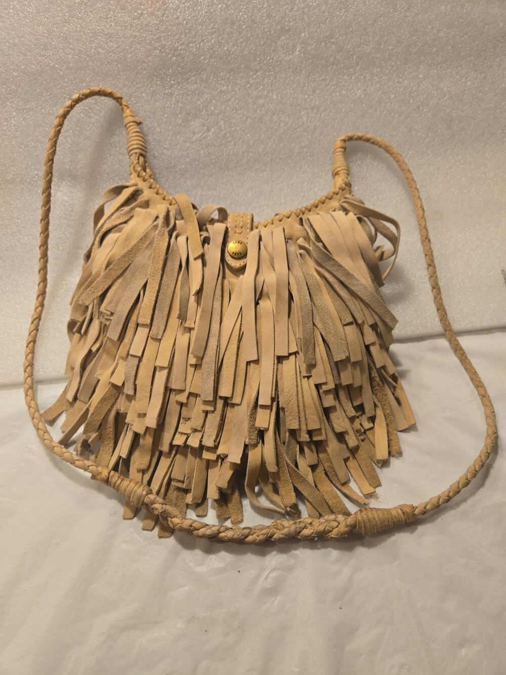 Frye Tan Leather Fringe Crossbody Bag Braided Strap Boho Western Small Hobo